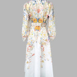French Style Floral Print Stand Collar Lantern Sleeve Button Down Evening Dress Cinched Waist Vacation Dress with Belt