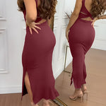 U-Neck Sleeveless Backless Twist Back Side Slit Knit Dress Slim Fit Versatile Ribbed Maxi Tank Dress