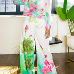 High Waisted Straight Leg Asymmetric Floral Printed Split-Joint Pants Trousers