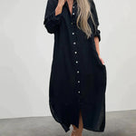 Nadorine Women's Casual Collar Button Pocket Long Sleeve Shirt Dress