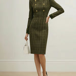 High Waisted Long Sleeves Buttoned Solid Color Split-Joint Zipper Mock Neck Midi Dresses