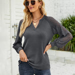 Nadorine V Neck Tops Solid Color Blouse Long Sleeve Pullover Lace Patchwork Shirt