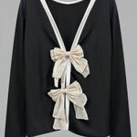 Black Knitted Bow Tie Back Round Neck Long Sleeve Top