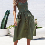 Solid Color Strap Open V-Neck Back Women's Dress with Pockets