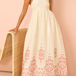 Paradise Flowers Linen Blend Unique Print Pocketed Strap Loose Maxi Dress