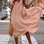 Summer Long V-Neck Boho Chic Dress Casual Holiday Beach Dress Loose Short Sleeve Dresses