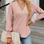 Solid Color Lace Patchwork V-Neck Loose-Fitting Long-Sleeved T-Shirt Top