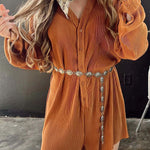 Ribbed Corduroy V Neck Button Front Romper