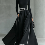 Women's Black Stitching White Trim High Collar Long Sleeve Tight Belt Maxi Dress