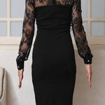 Aliya Lace Detachable Bow Collar Long Sleeve Stretch Midi Dress