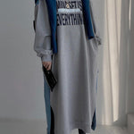 Original Loose Long Sleeves Letter Print Split-Side Split-Joint Round-Neck Midi Dresses