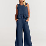 Nadorine 2 Piece Outfits Sleeveless Ruffle Tank Crop Top and Wide Leg Pants Lounge Set with Pockets