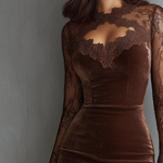 Vintage Keyhole Neck Lace Sleeves Velvet Mini Dress