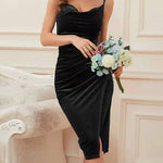 Slit Pleated Velvet Slip Evening Dress