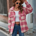 Plaid Fuzzy Longline Jacket with Pockets