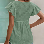 Nadorine Eyelet Tie-Neck Flutter-Sleeve Top Solid Color Casual Blouse for Women Casual Work Office Loose Fit 2026 | Under $40