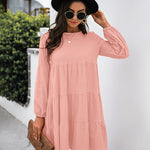 Long Puff Sleeve Shirt Dress Casual Crewneck Loose Fit Sundress Trendy Tiered Layer Summer Mini Dresses