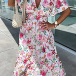 Sweet Vacation Floral V Neck Waist Skirt Dresses