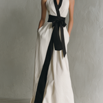 Women's Minimalist Color-block Belted Stand-collar Sleeveless Maxi Dress