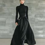 Women's Black High-Neck High-Stretch Knitted And Satin Flared Maxi Dress