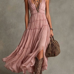 Sage Green Pleated Chiffon V-neck Flowing Maxi Dress