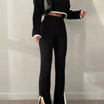 Knit Two Piece Outfit Color Block Cropped Top Long Pants Ribbed Sweater Set