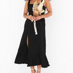 Tie-straps Ruffled Square Collar Sleeveless Slit Mid-length Dress