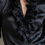 Black Satin Ruffled V-Neck Long Sleeve Blouse