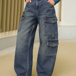 High Waisted Loose Buttoned Pockets Solid Color Split-Joint Jean Pants Bottoms