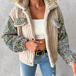 Turn-down Collar Sequin Patch Teddy Jacket