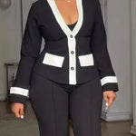 Women's Contrast Binding Coat Casual Slim Fit V Neck Jacket Button Front Office Business Workwear