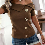 Women's Foldover Off Shoulder Rib-Knit Top Slim Fit Short Sleeve Tee with Gold Button Detail