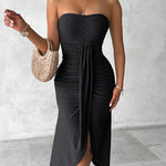Sleeveless Ruched Cinched Waist Draped Bandeau Dress Eyelet Embroidery Slit Asymmetrical Hem Vacation Dress