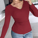 Chicme Built In Bra Notch Neck Long Sleeve Shirts Rib Knit Ruched Waist Top