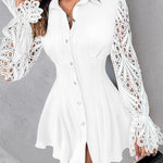Turn-down Collar Water-Soluble Lace Long Sleeve Button Down Shirt Dress Casual Flared Cuffs Ruched Cinched Waist Vacation Dress