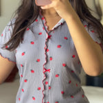 2 Pieces Outfit Strawberry Print Stand Collar Short Sleeve T-shirt and Pants Pajamas Set