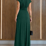 Women's Boat Neck Ruched Maxi Dress Gold Buckle Cap Sleeve Formal Evening Gown
