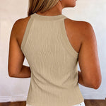 Women's Halter Neck Tank Top Vintage Gold Button Wave Textured Sleeveless Slim Fit Top