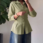 Turn-down Collar Long Sleeve Button Front Blouse Casual Back Criss Cross Tied Detail Fishtail Shirt