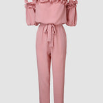 Frill Trim Off Shoulder Short Sleeve Tie Waist Overalls Casual Textured Jumpsuit