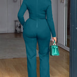 Cowl Neck Asymmetrical Textured Patchwork Cinched Waist Jumpsuit Casual Zipper Back Wide Leg Jumpsuit