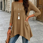 Women's Ribbed Asymmetrical Hem Top Crewneck Three Quarters Sleeve A-Line Casual Top