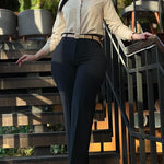 Zipper Fly High Waist Straight Leg Work Trousers Casual Elastic Back Waist Seam Front Business Pants