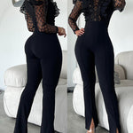 Women's Sequin Grid Mesh Eyelash Lace Patchwork Puff Long Sleeve Split Hem Flare Jumpsuit