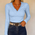 Women's Lace V Neck Ruched T Shirt Slim Fit Long Sleeve Tee Casual Elegant Top