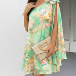 CHICME Women's Floral Print One-Shoulder Chiffon Dress 3D Floral Decor Split Sleeve Loose A-Line Mini Dress