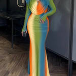 Tie Dye Print Cowl Neck Long Sleeve Backless Maxi Dress Slim Fit Zipper Back Ruched Mermaid Hem Evening Dress