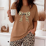 Women's Pajama Set Leopard Bow Short Sleeve Top and Loose Leopard Straight Leg Pants Casual Loungewear