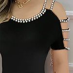 Cold Shoulder Beaded Slit Bodycon Dress Ruffle Hem Zipper Back Party Dress