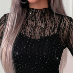 Women's 2 Piece Outfit Rhinestone Mock Neck Flare Sleeve Sheer Mesh Top with Adjustable Cami Top